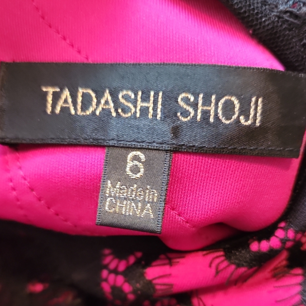 TADASHI SHOJI | Pink Black Lace Scuba Bodycon Whimsigoth Party Midi Dress | 6 - Picture 4 of 11